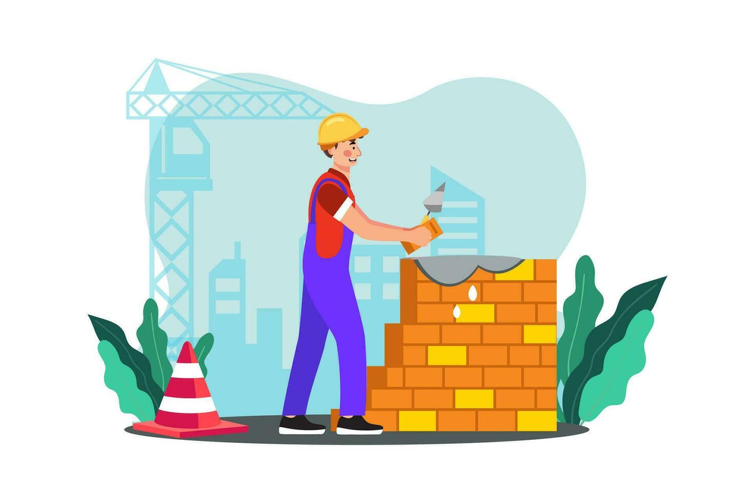 A construction worker lays bricks to build a sturdy wall. vector
