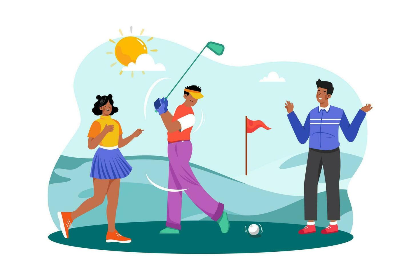 un grupo de amigos obras de teatro un Mañana redondo de golf a un hermosa curso. vector