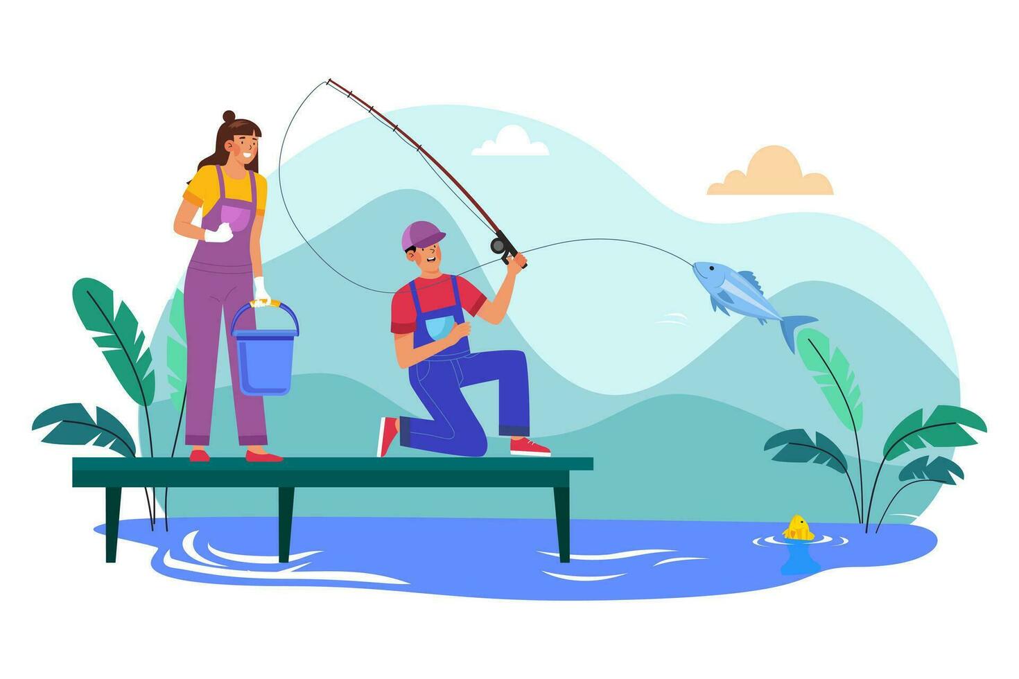 A couple goes for a morning fishing trip on a nearby lake. vector