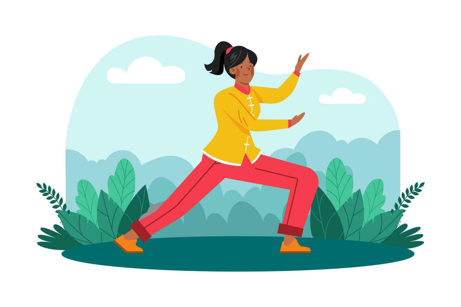 A woman practices tai chi in a serene garden for health and relaxation. vector