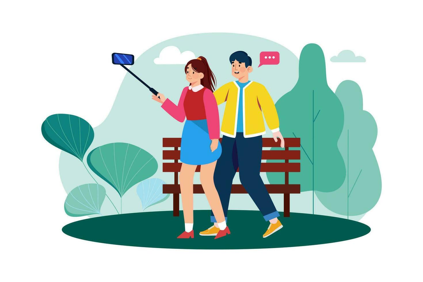 Couple snaps photos at tourist spots. vector