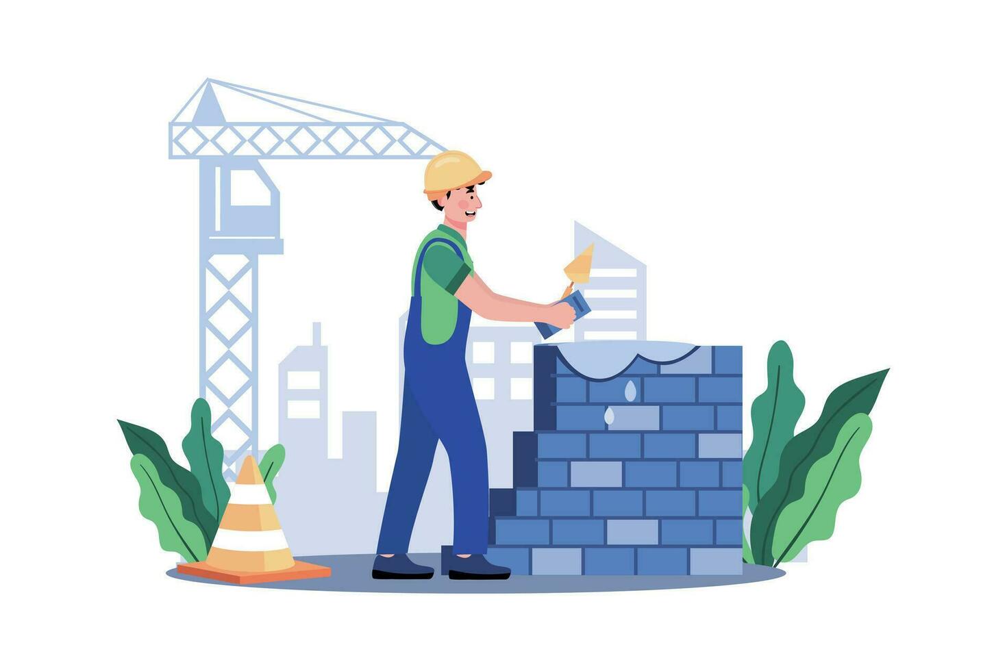 Construction worker lays bricks for sturdy wall. vector