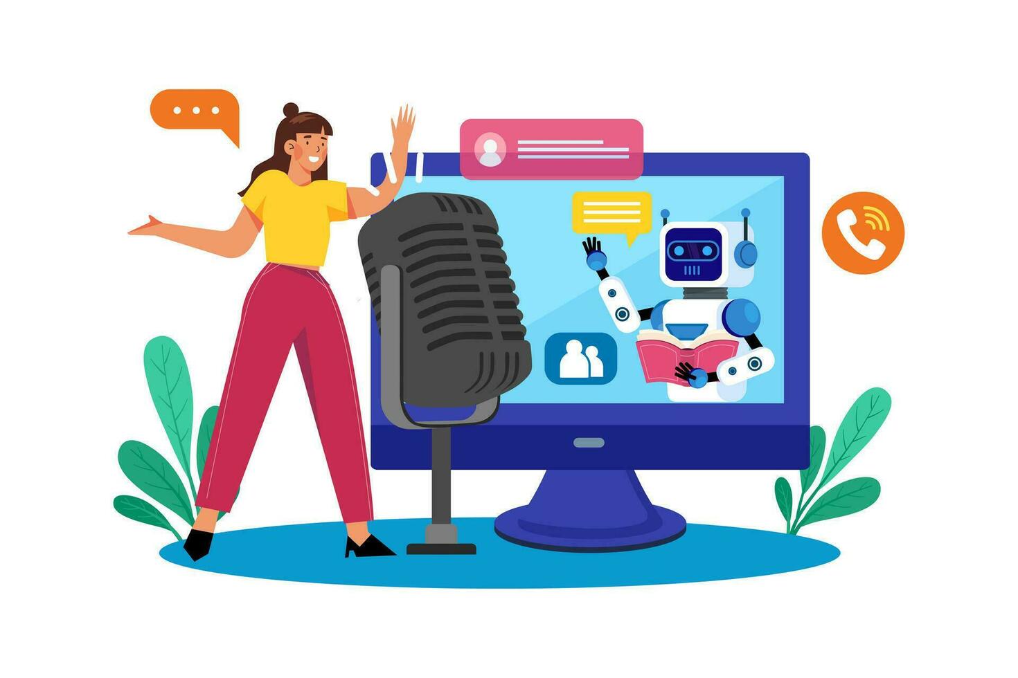 AI-driven speech recognition enables voice commands. vector