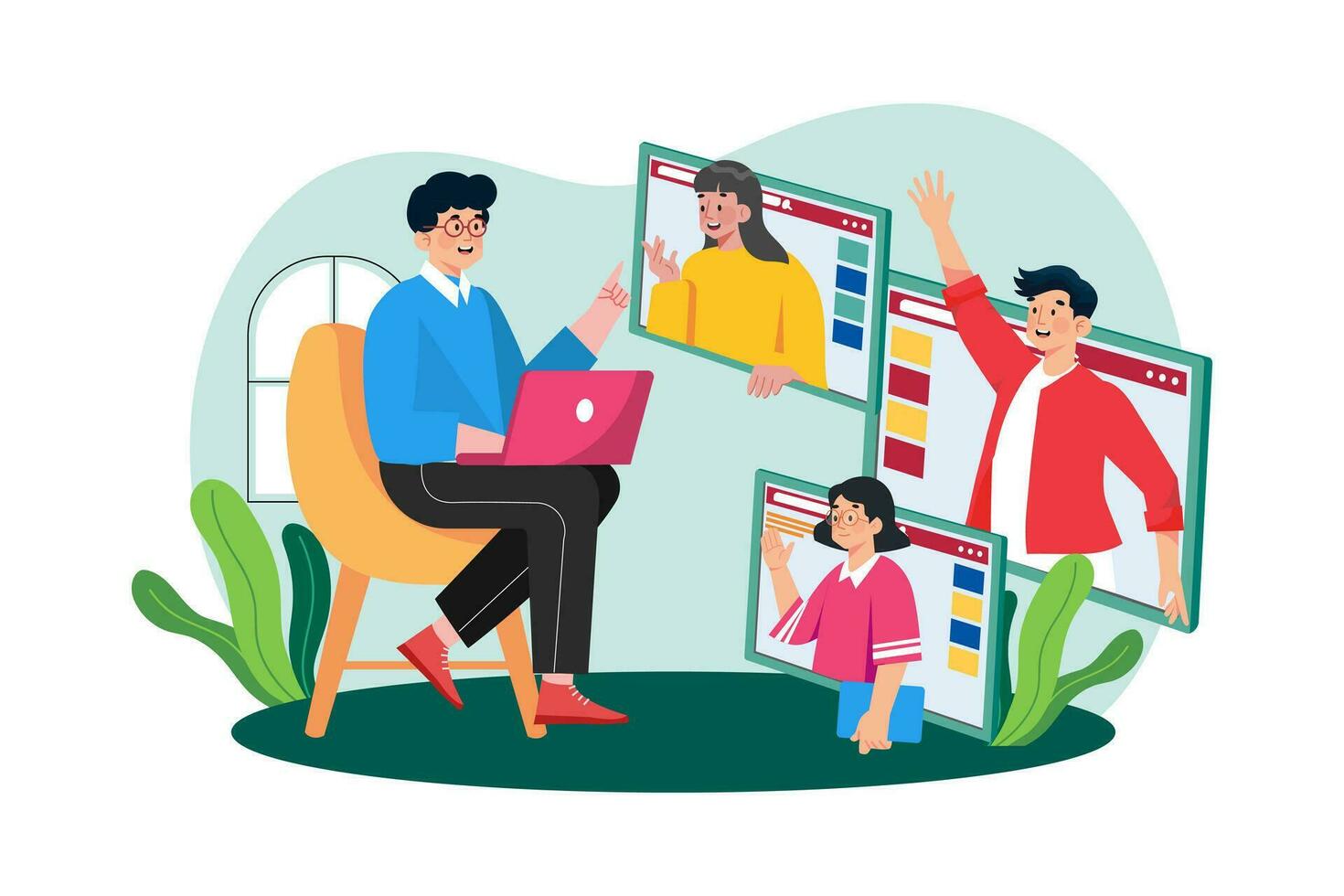 Student joins study groups online. vector