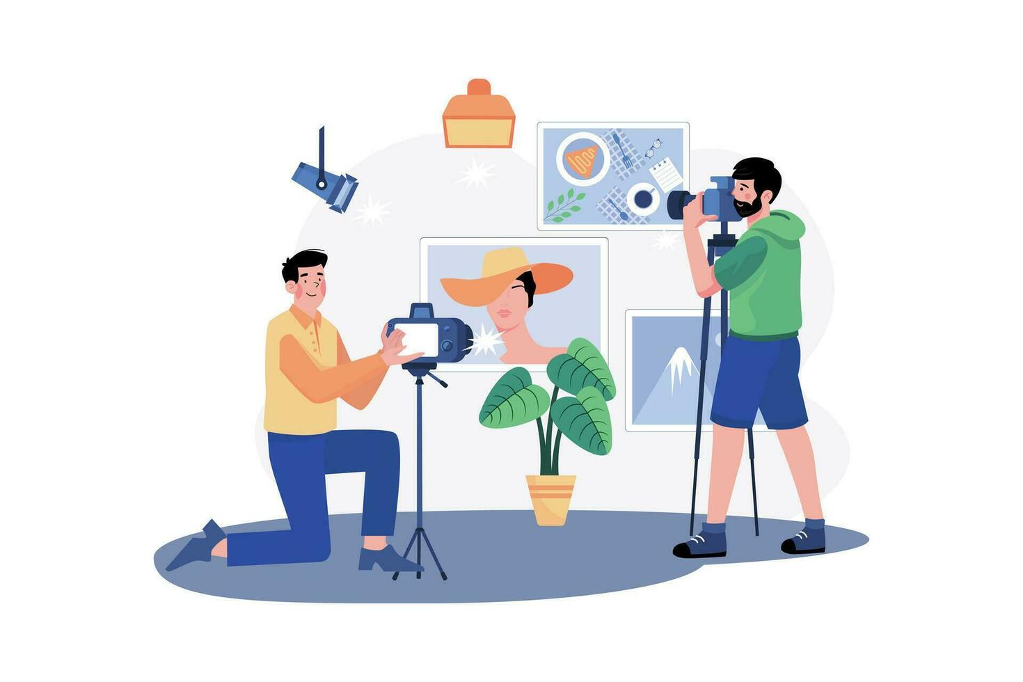 A group of friends gathers for a morning photography workshop to improve their skills. vector