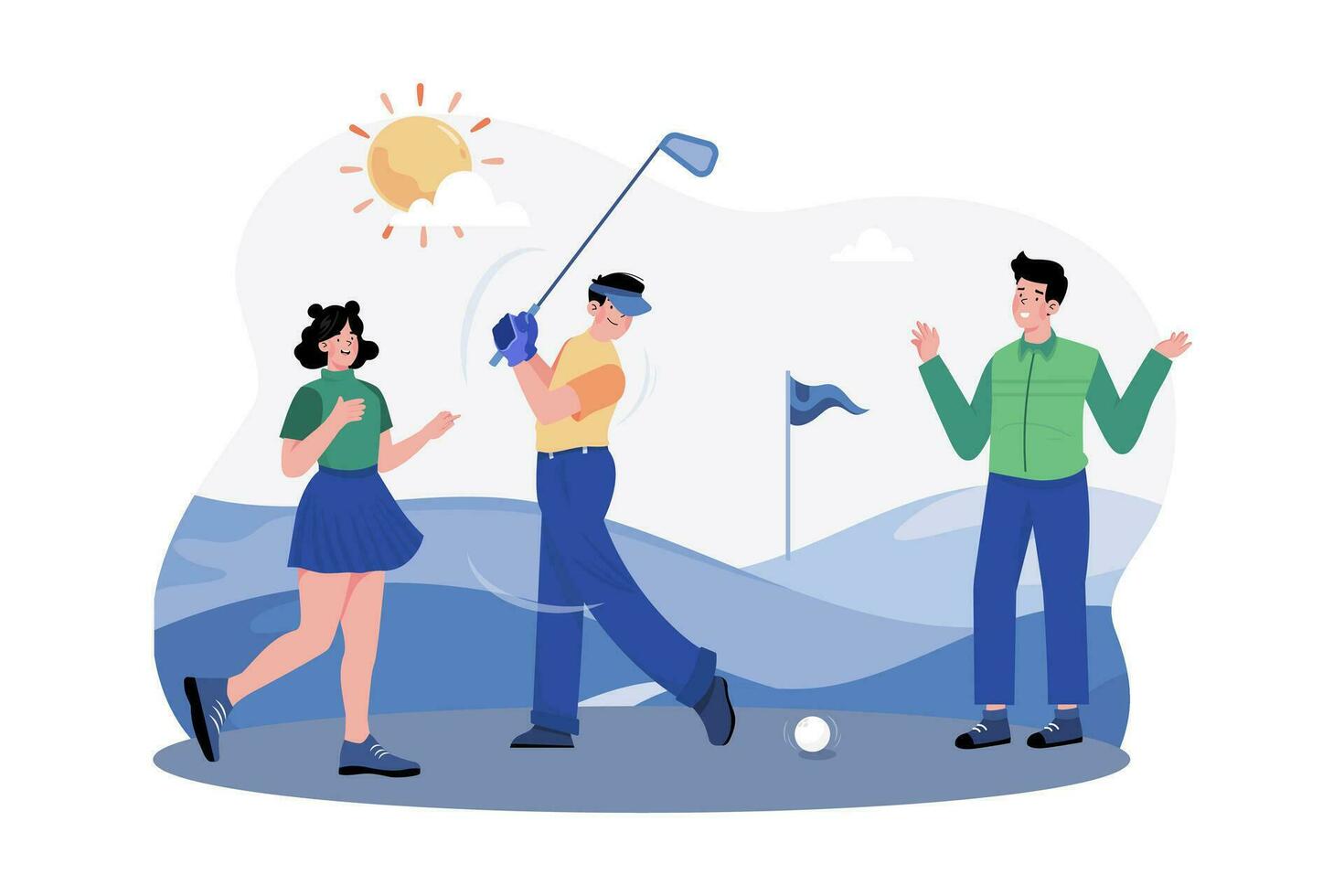 un grupo de amigos obras de teatro un Mañana redondo de golf a un hermosa curso. vector