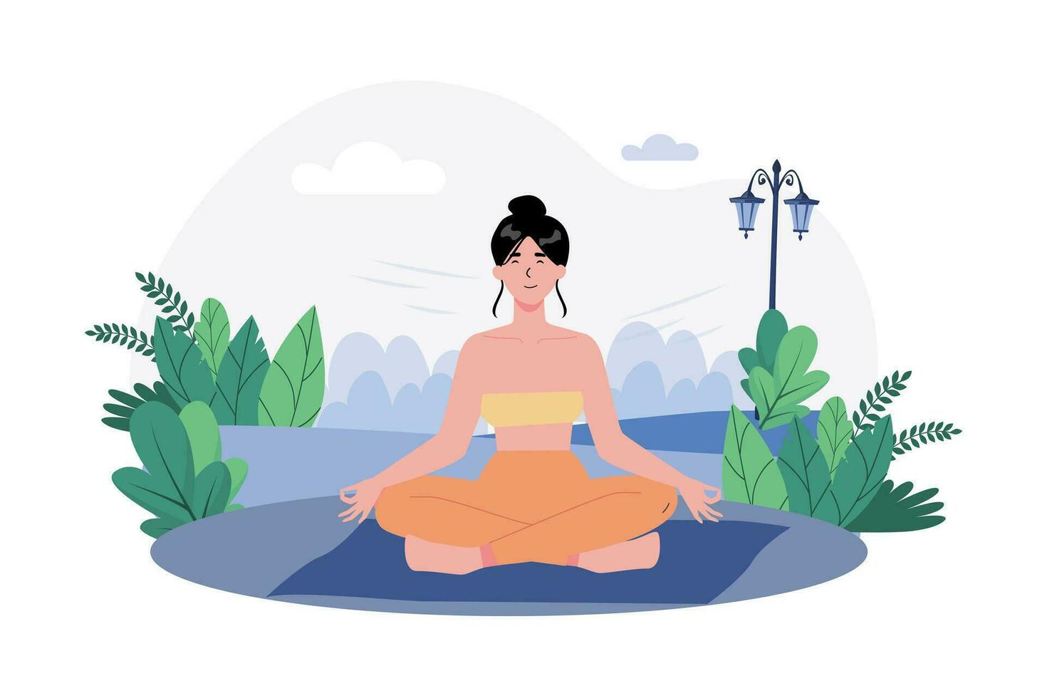 A woman practices meditation in a peaceful garden to begin her day with calmness. vector