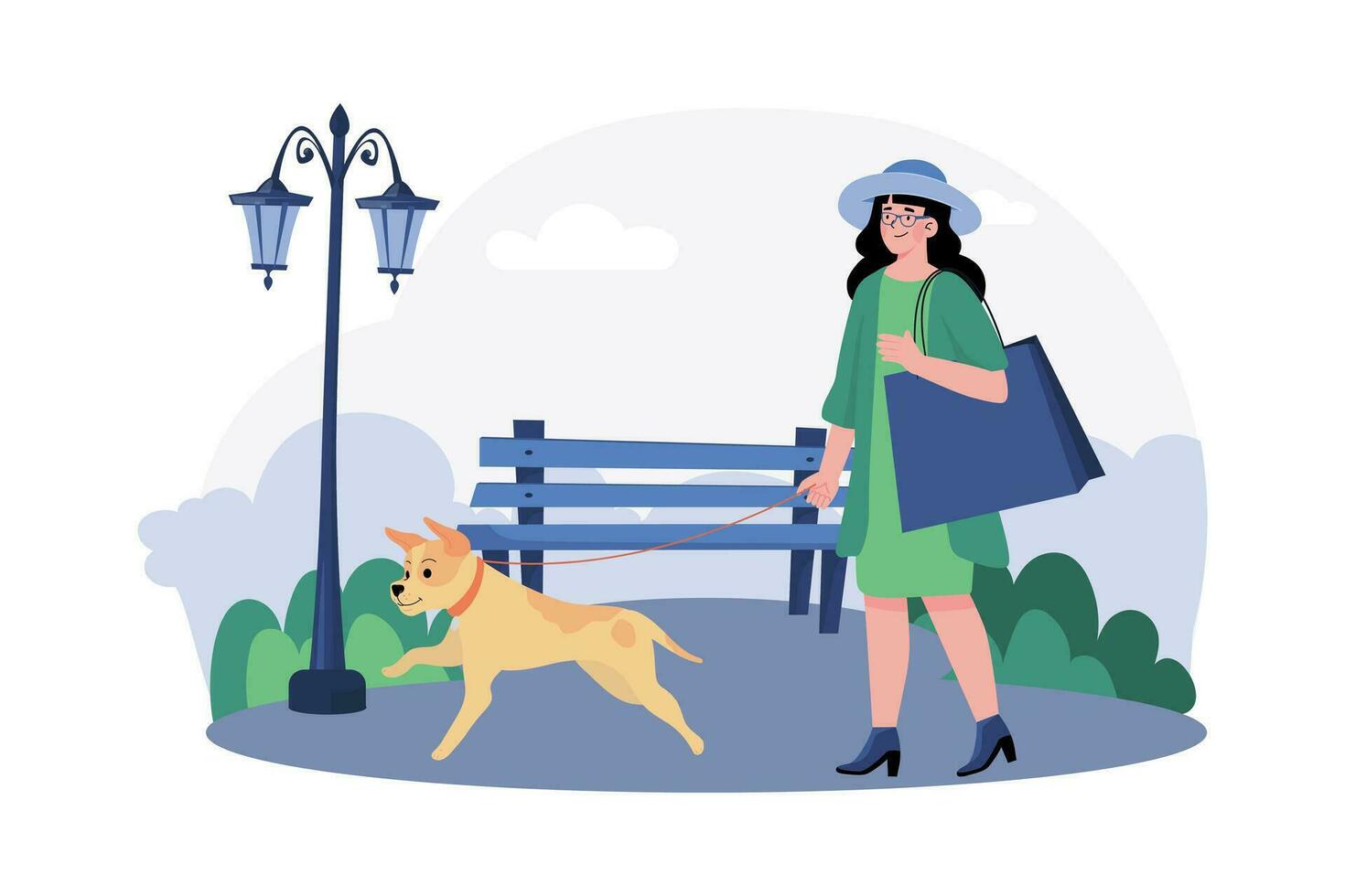 A woman takes her dog for a morning walk in the neigh borhood park. vector