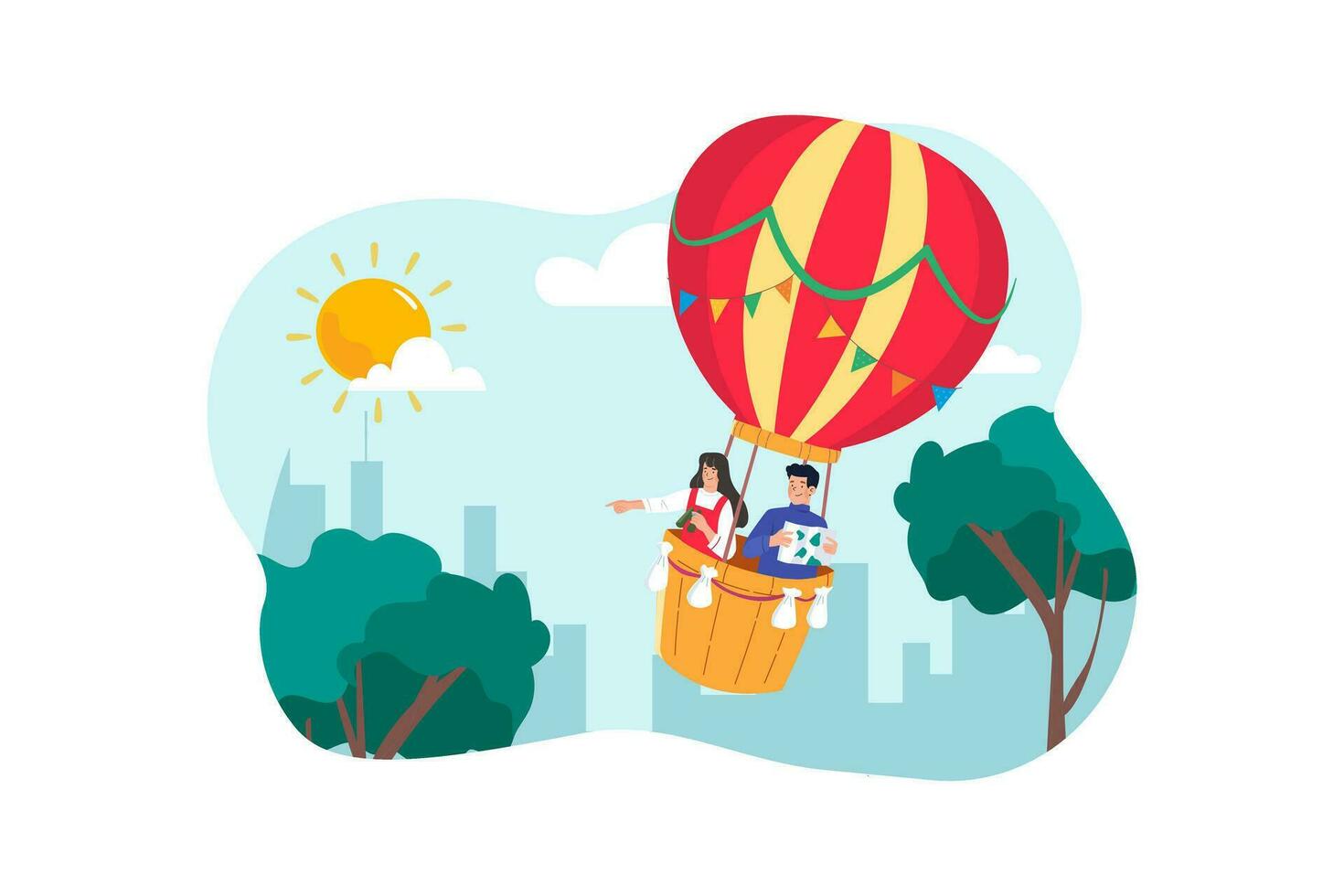 A group of tourists embarks on a sunrise hot air balloon ride for a memorable experience. vector