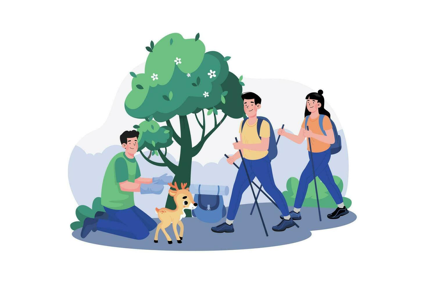 un grupo de turistas va en un guiado naturaleza caminar a aprender acerca de el local flora y fauna. vector