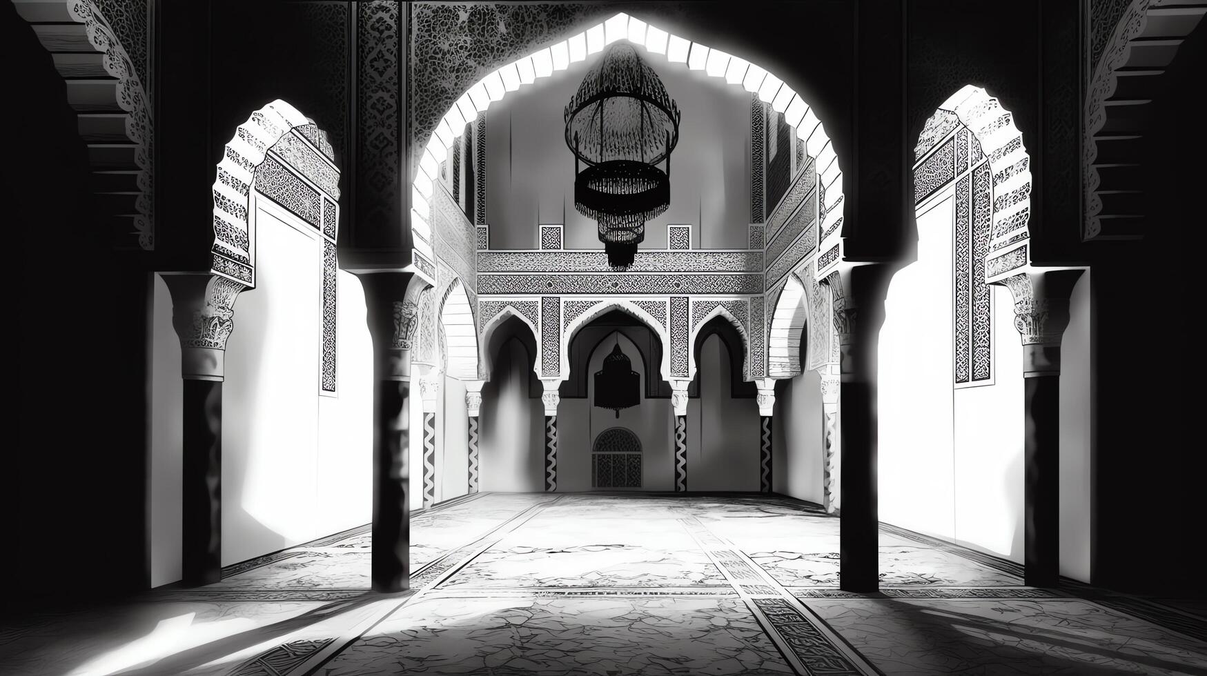 image of The artist's skilled hand reveals the mosque's symmetrical architecture, an exquisite balance between earthly form and divine inspiration, inviting contemplation and reverence. photo