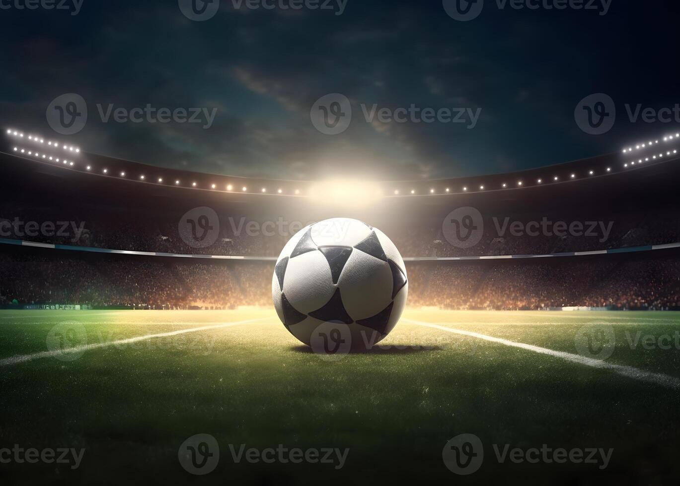 Soccer ball on green field of stadium at night AI Generated photo