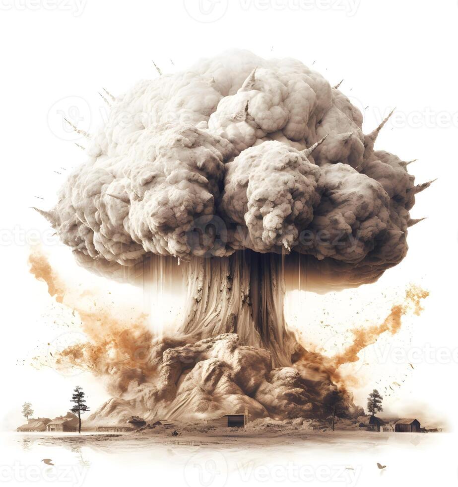 Big explosion of nuclear bomb with smoke, isolated on white background photo