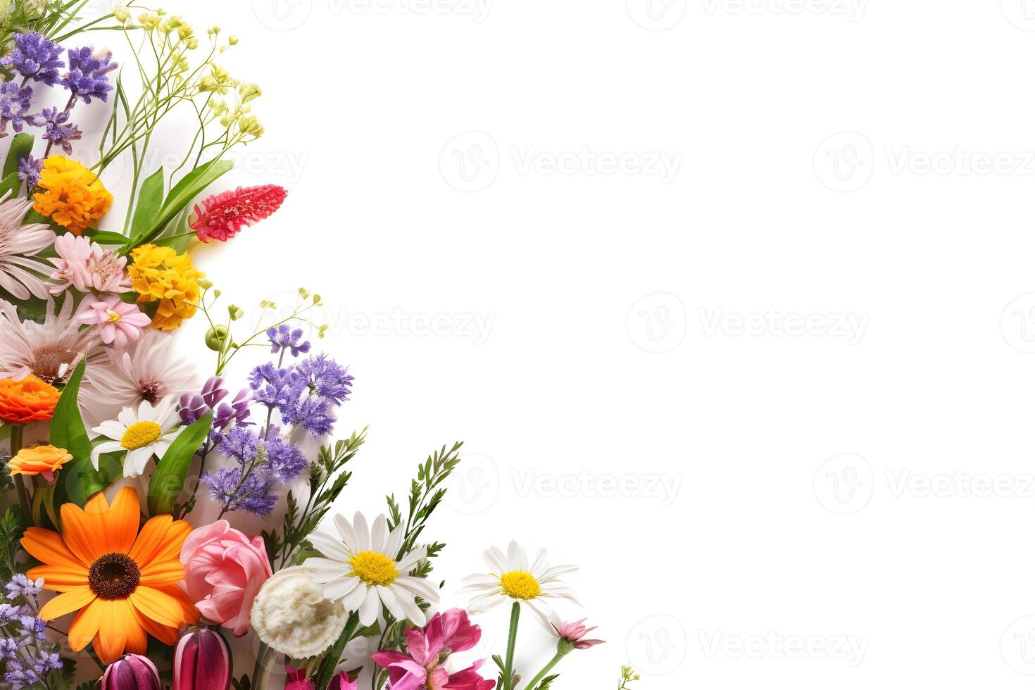 Colorful bouquet of spring flowers on white background with copy space photo