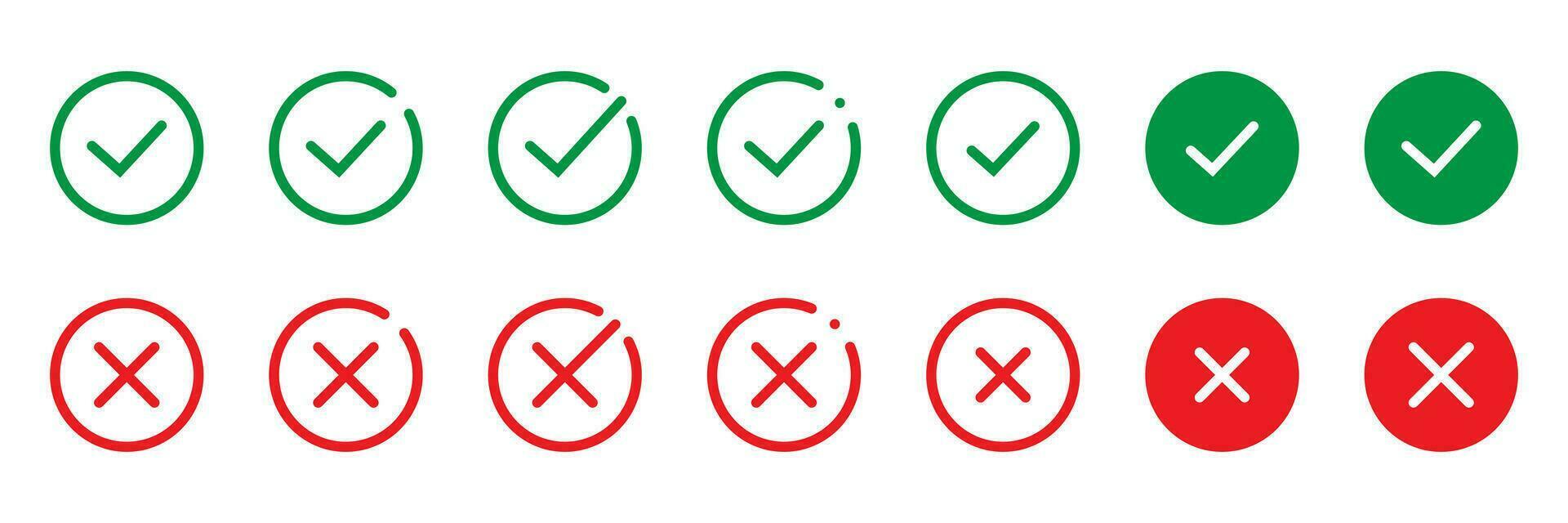 Green tick and red cross checkmarks in circle flat icons. Yes or no line symbol, approved or rejected icon for user interface. vector