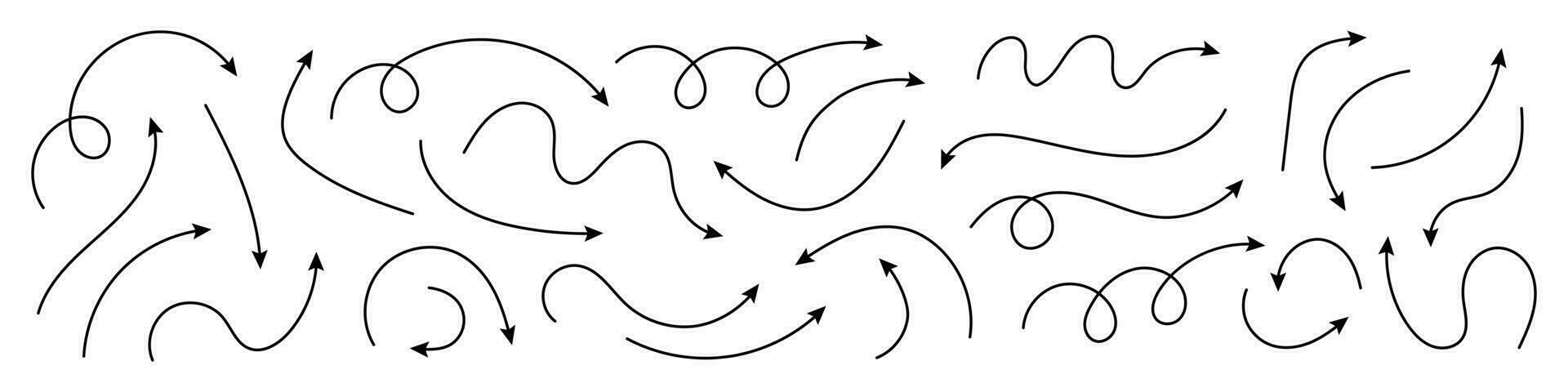 Curved arrows. Set of vector hand drawn arrows. Collection of pointers.