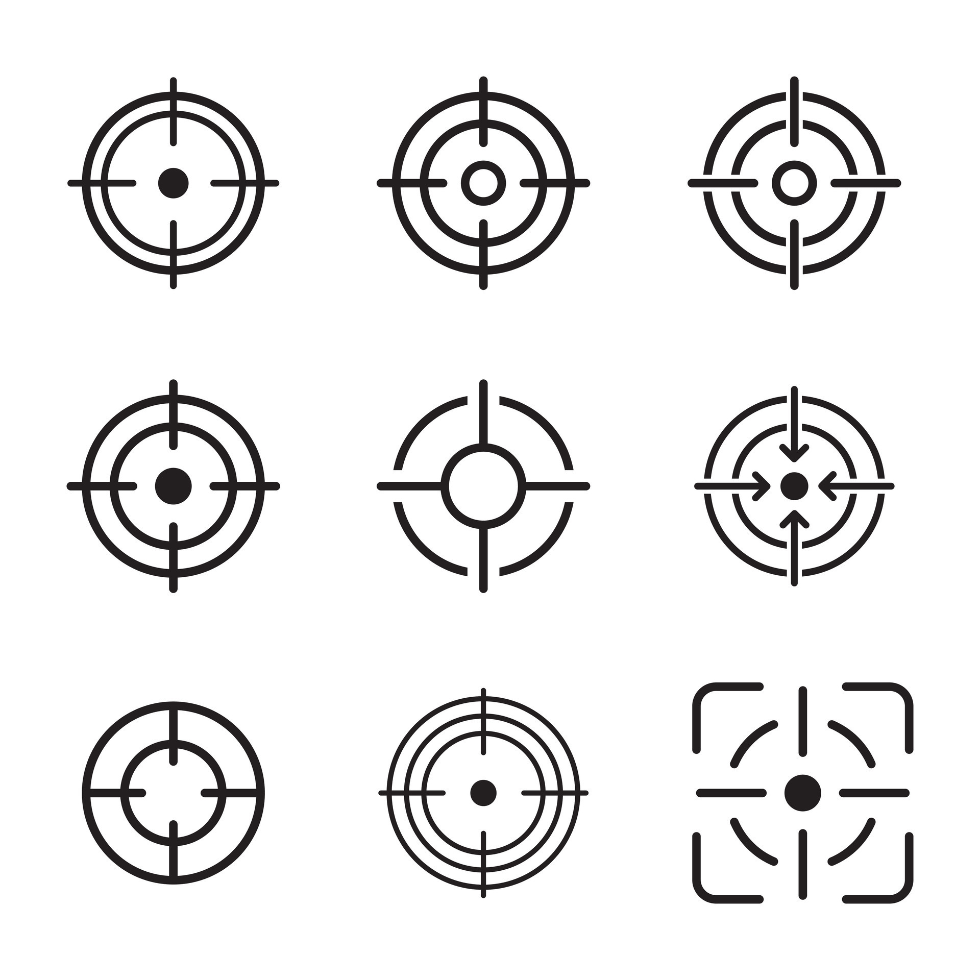 Focus target vector isolated icons on white background. Target goal icon target focus arrow