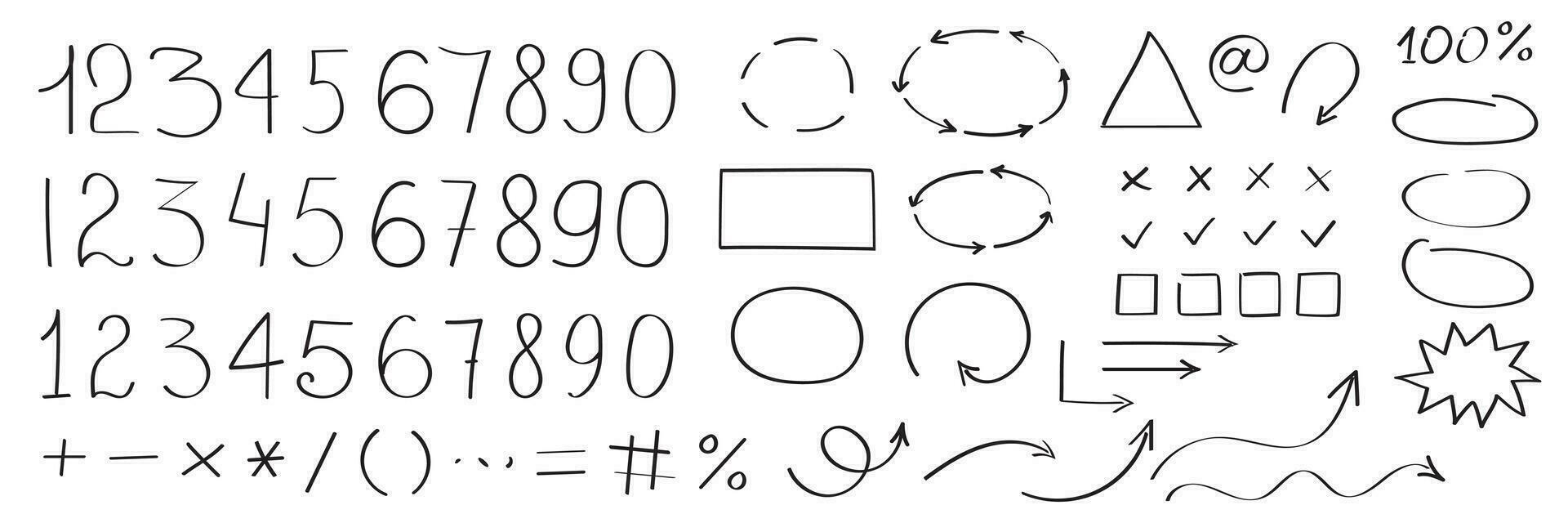 Set of handwritten numbers, hand drawn signs and arrows. Vector elements for infographic. Black objects on white background.