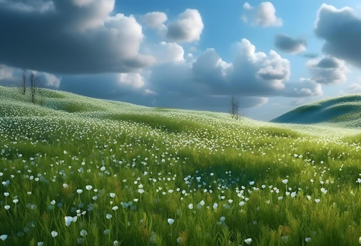 Green meadow with white flowers and blue sky with white clouds. AI Generated photo