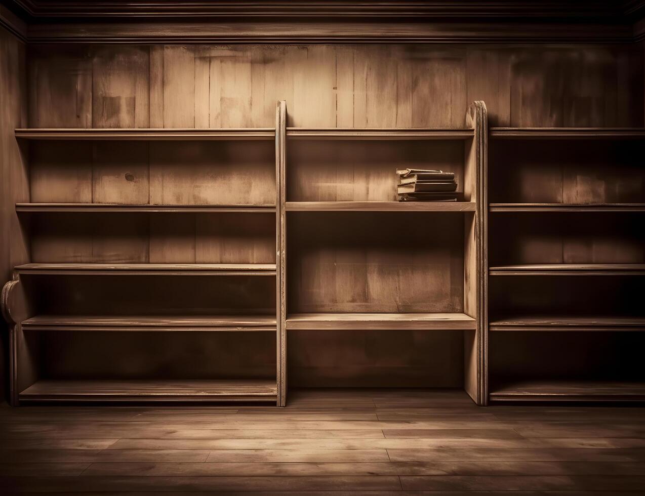 Old bookshelf in a room with wooden walls and floor. photo