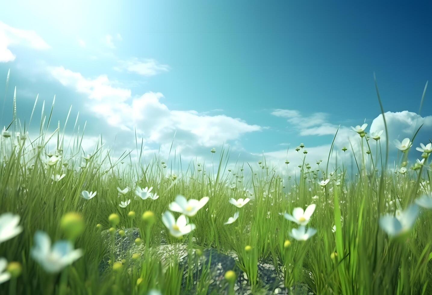 Spring meadow with white flowers and blue sky AI Generated photo