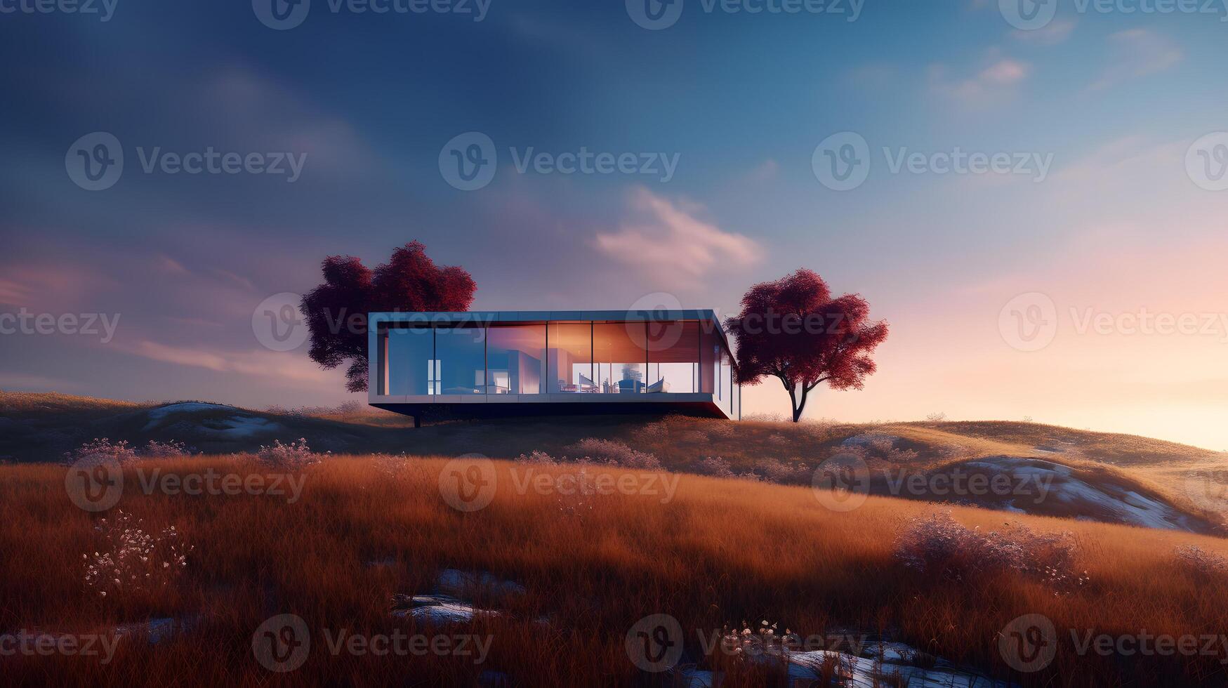 modern house in the meadow at sunset photo