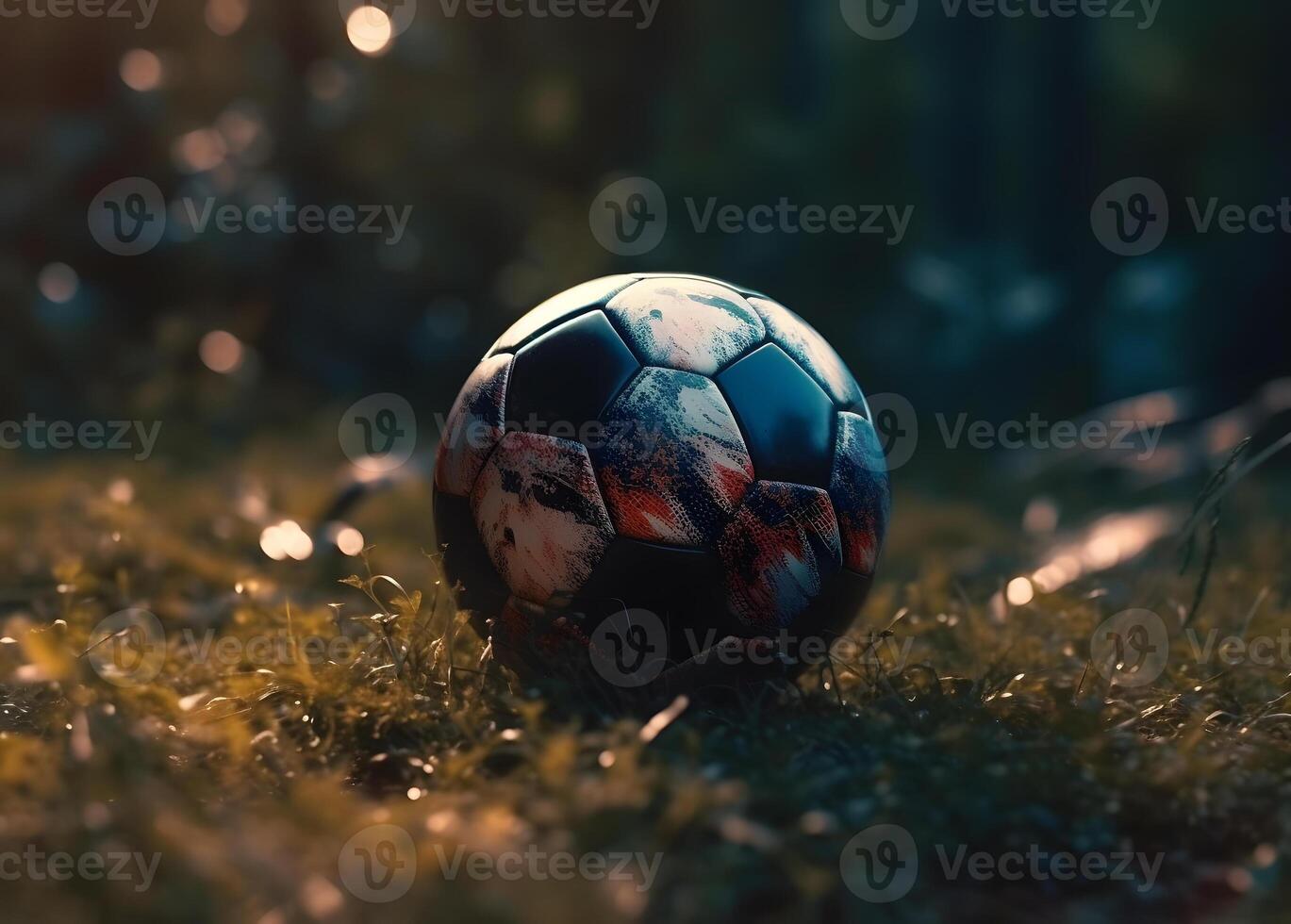 fútbol pelota en el césped en el noche ligero. selectivo atención ai generado foto