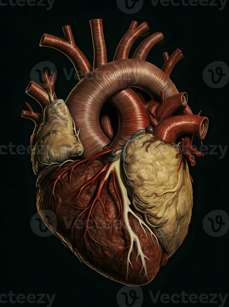 humano corazón anatomía, aislado en negro antecedentes. ai generado foto