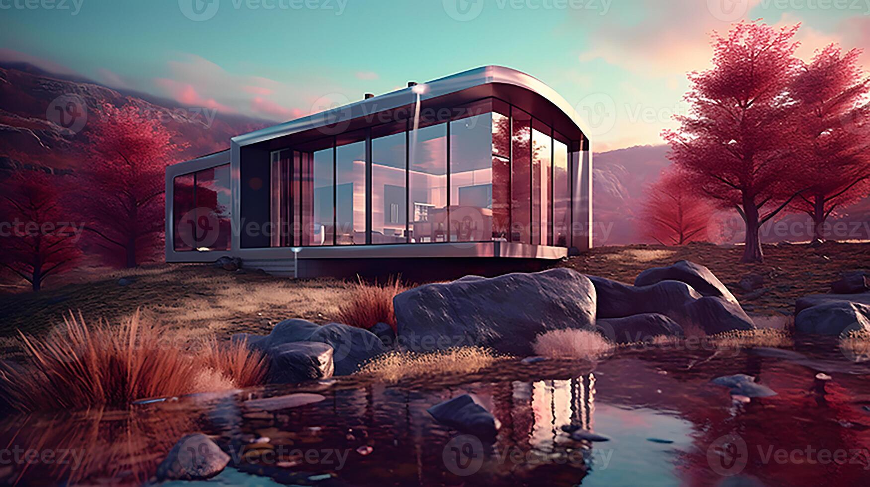 modern house with a beautiful landscape in the background photo
