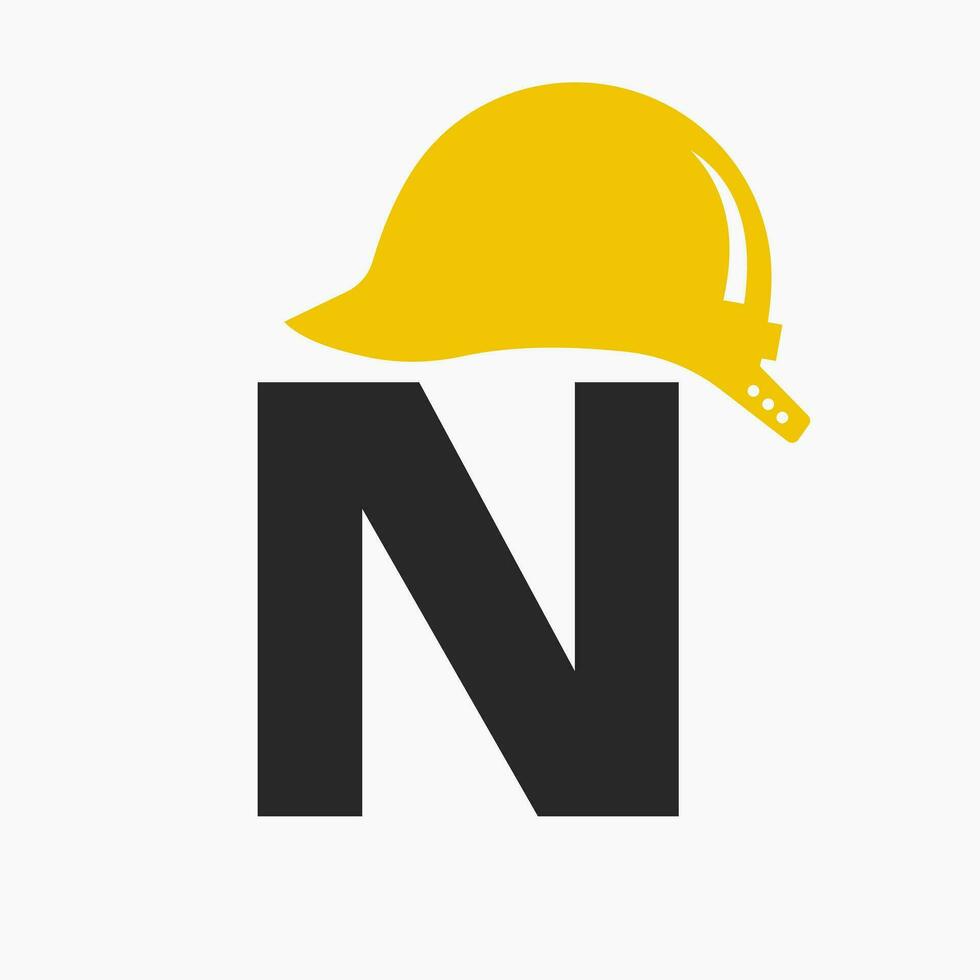 Letter N Helmet Construction Logo Concept With Safety Helmet Icon. Engineering Architect Logotype vector