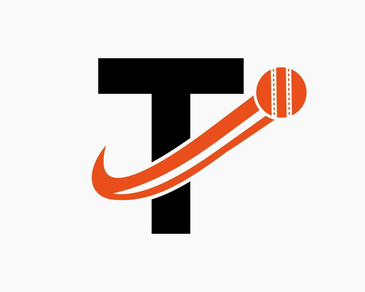 Initial Letter T Cricket Logo Concept With Moving Ball Icon For Cricket Club Symbol. Cricketer Sign vector