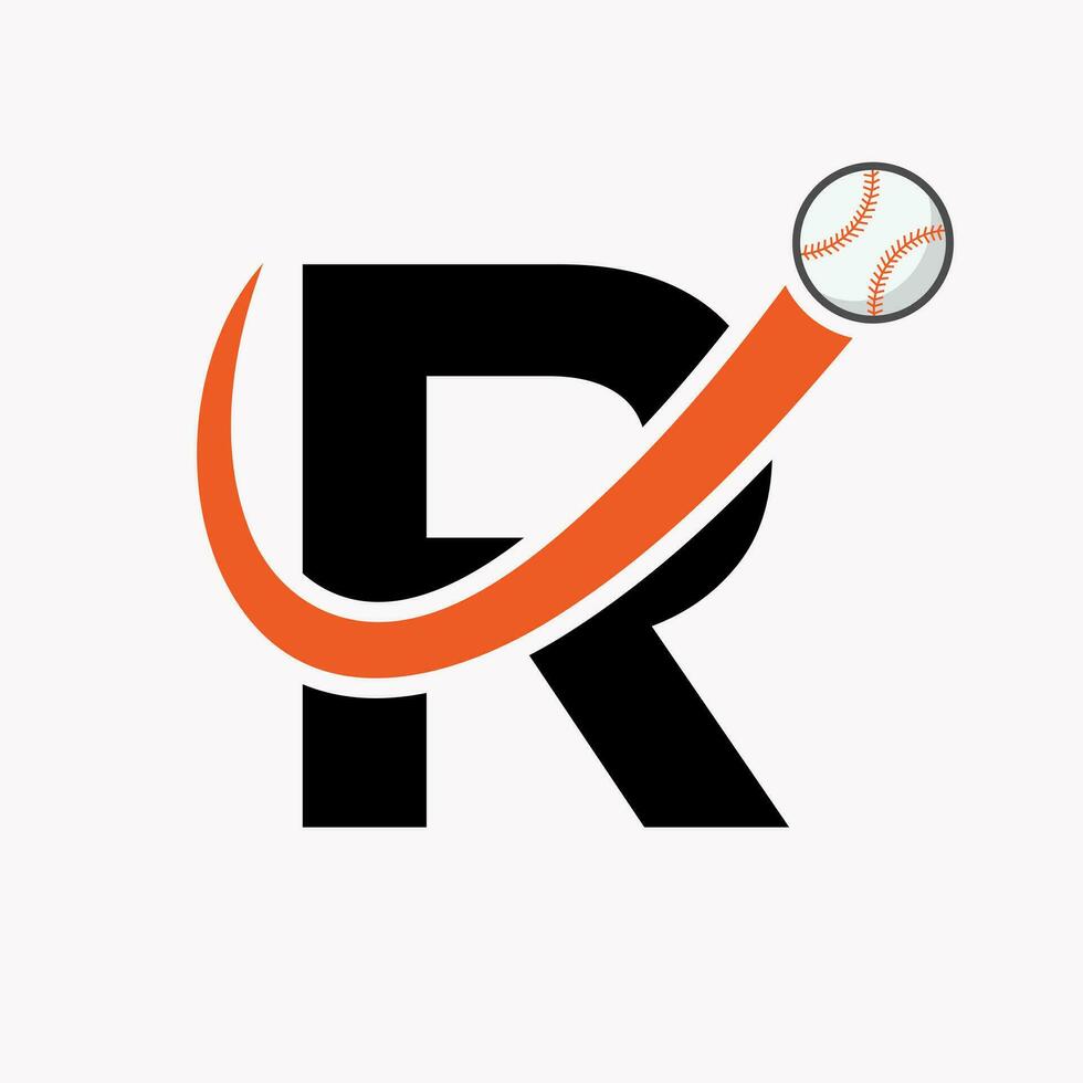 letra r concepto de logotipo de béisbol con plantilla de vector de icono de béisbol en movimiento