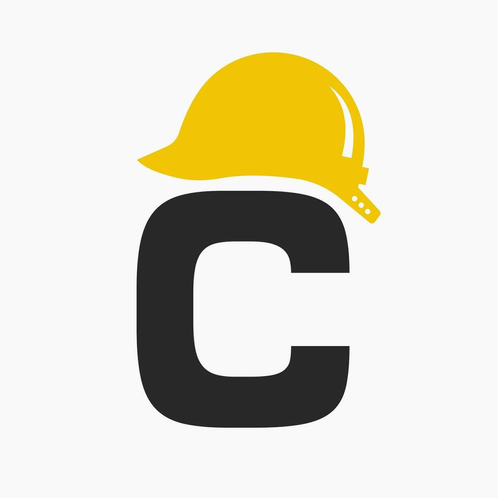 Letter C Helmet Construction Logo Concept With Safety Helmet Icon. Engineering Architect Logotype vector