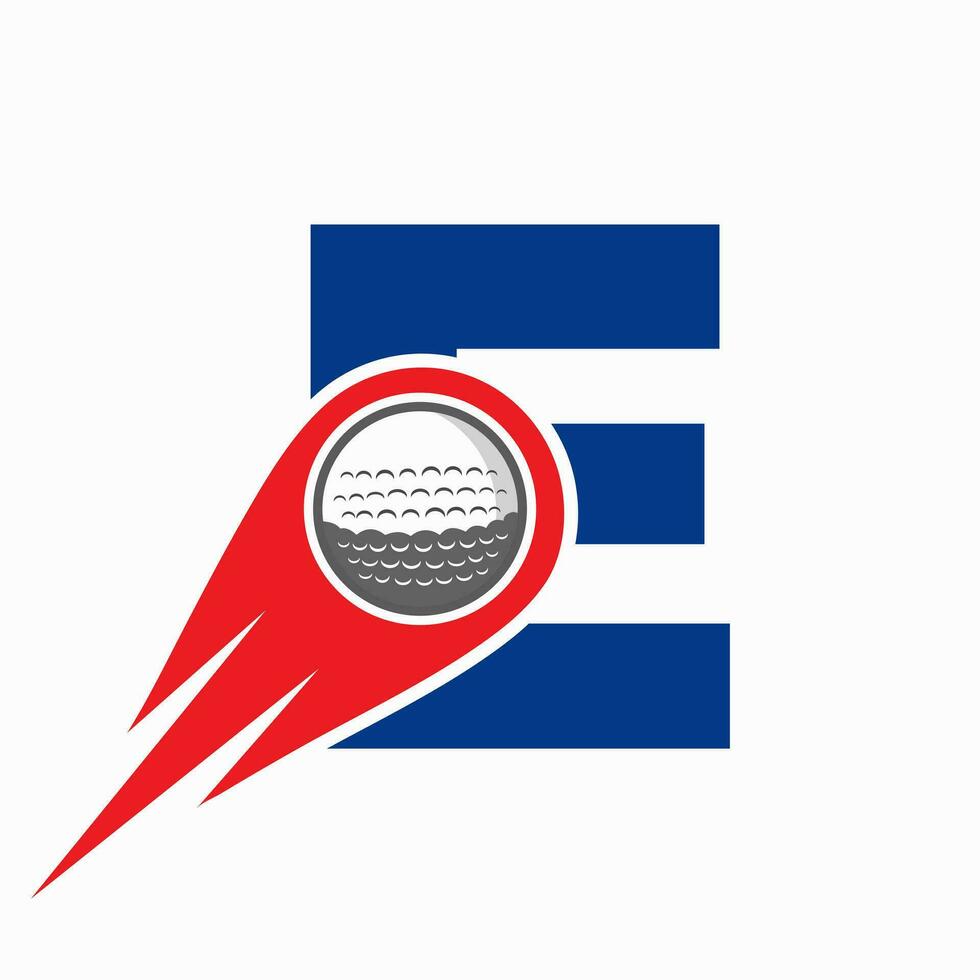 concepto de logotipo de letra e golf con icono de pelota de golf en movimiento. plantilla de vector de símbolo de logotipo de deportes de hockey