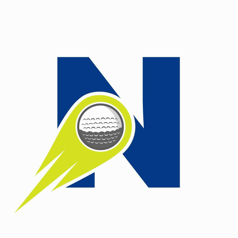 concepto de logotipo de letra n golf con icono de pelota de golf en movimiento. plantilla de vector de símbolo de logotipo de deportes de hockey