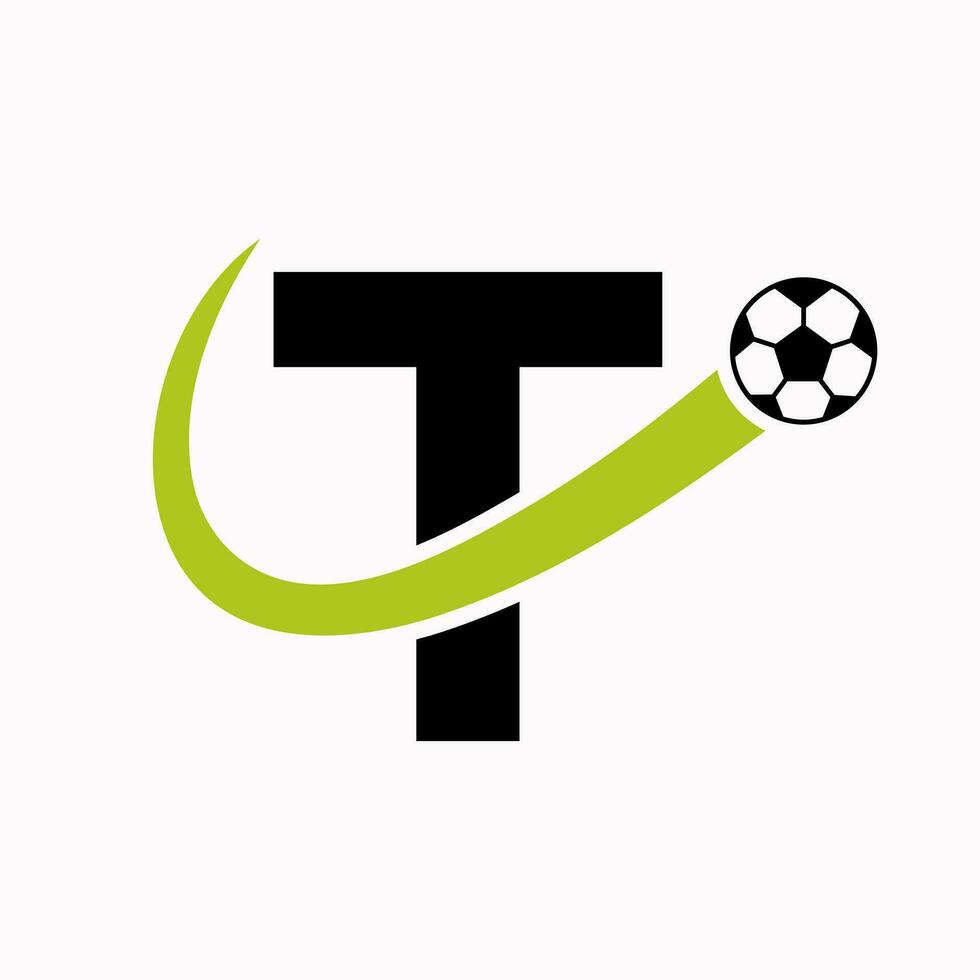 Initial Letter T Soccer Logo. Football Logo Concept With Moving Football Icon vector