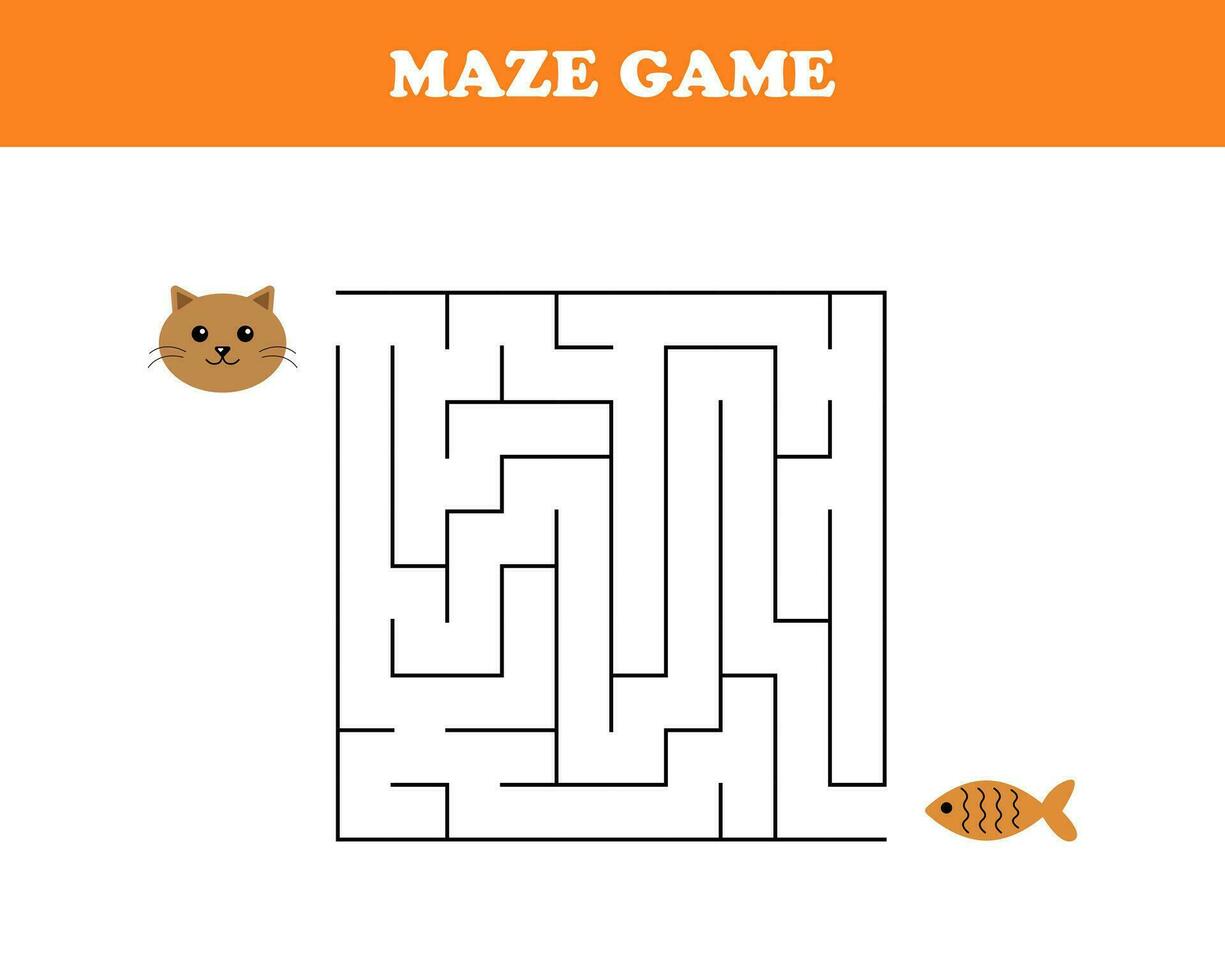 Maze game, worksheet for kids, cat and fish, vector. vector