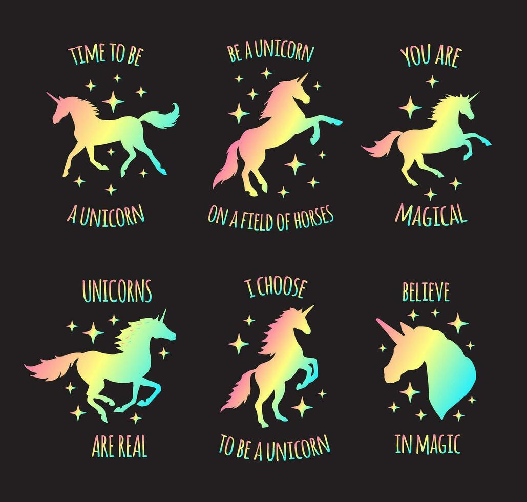 Vector set of rainbow unicorn silhouette quotes