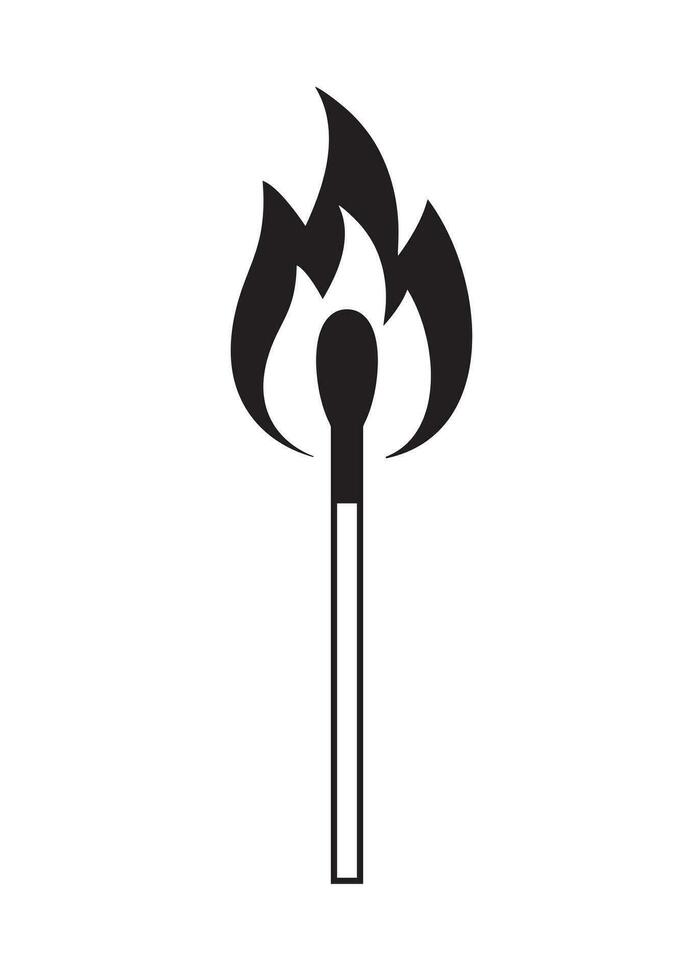 Vector black flat outline burning match icon isolated on white background