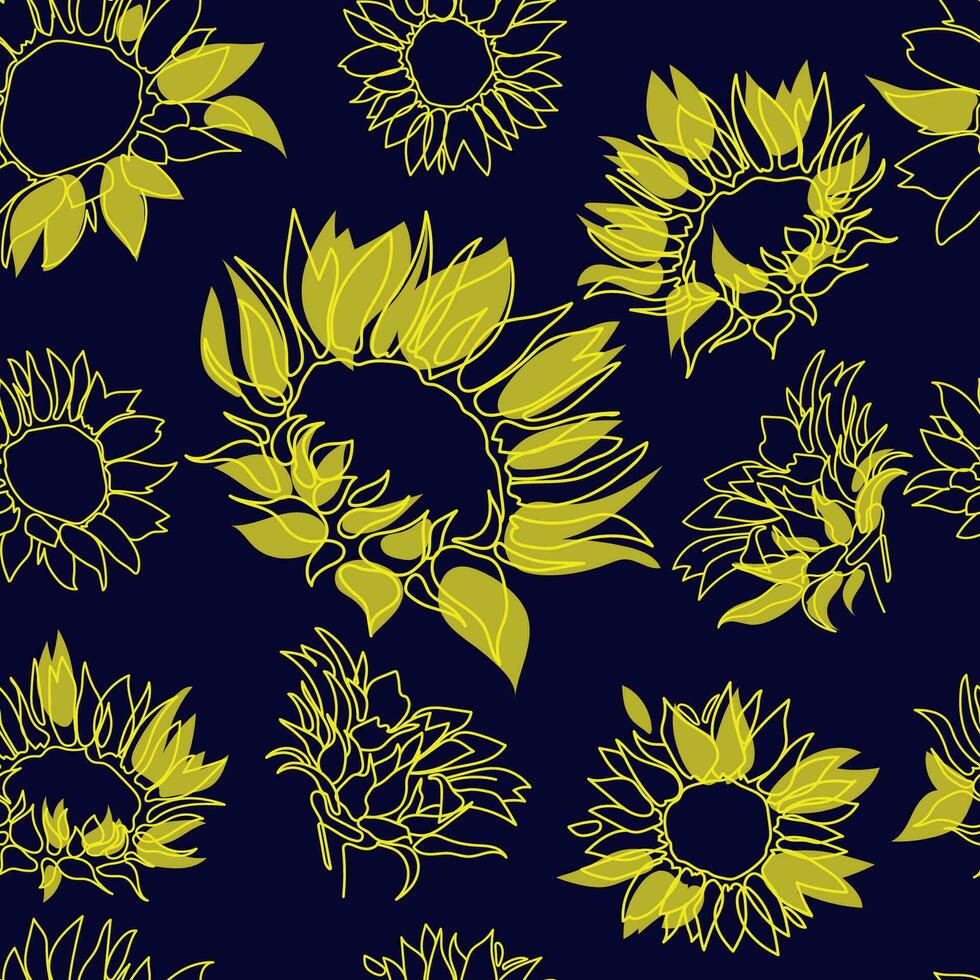 Sunflowers seamless pattern on blue background.Botanical floral seamless pattern line drawing, wild meadow sunflower for print,cover,banner, extile,wrapping. hand painted flowers vector illustration