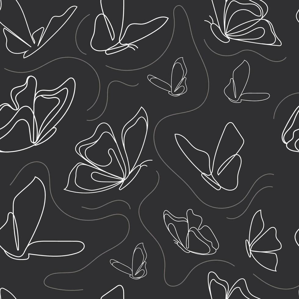 Butterfly One line seamless pattern on a gray background. Flying butterflies Mono line minimalistic style. Simple design backgound.Print wallpaper,fabric,cover,paper,web.Vector illustration vector