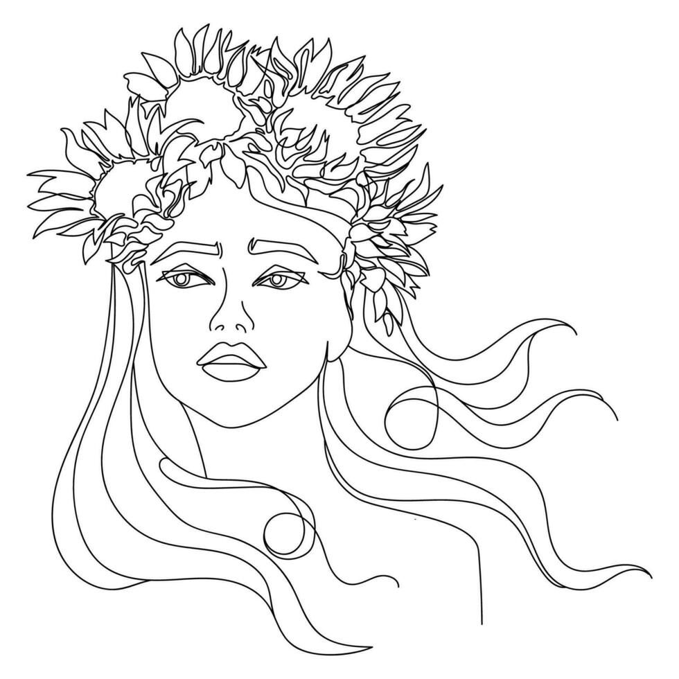 Beautiful woman face with sunflowers in her hair Line art fashion illustration sketch drawing.Young woman in sunflowers wreath and long hair hand drawn vector illustration