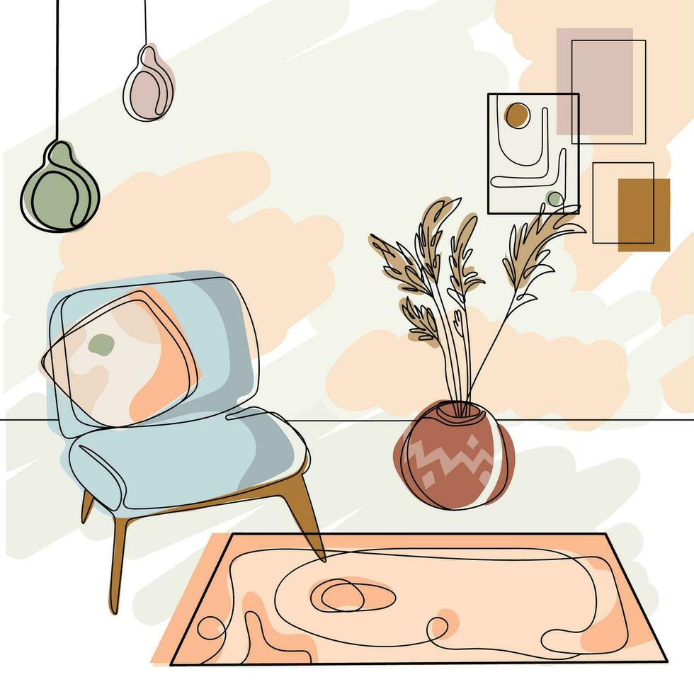 Contemporary modern interior hand drawing vector illustration.Fashionable furniture,armchair,abstract posters,vase with dried flowers.Minimalistic interior design of a room with an armchair