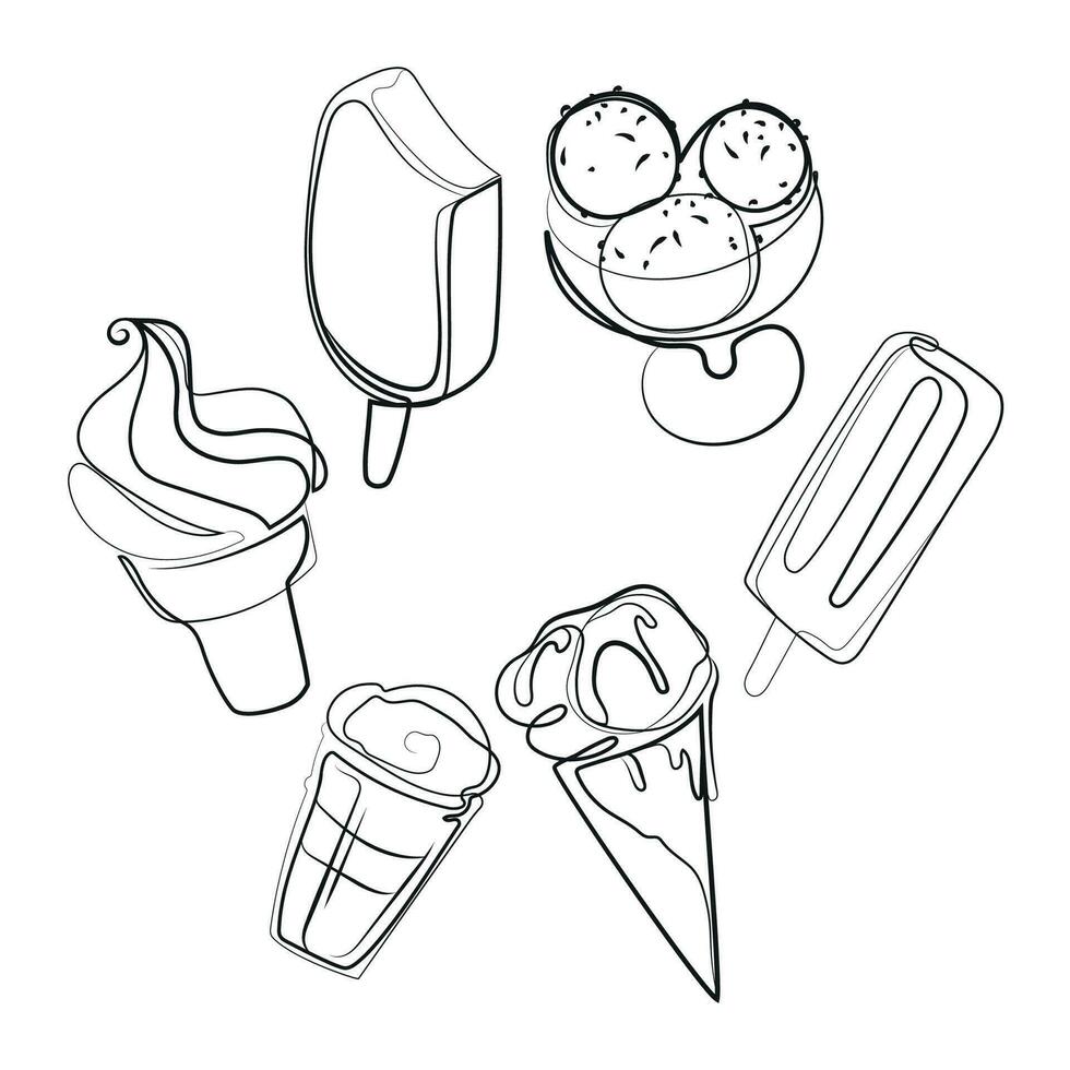 Ice cream set line art drawing in minimalist style.Various ice cream desserts collection,monochrome sketch drawing for design decoration.Print,emblem,icon,logo.Vector illustration vector