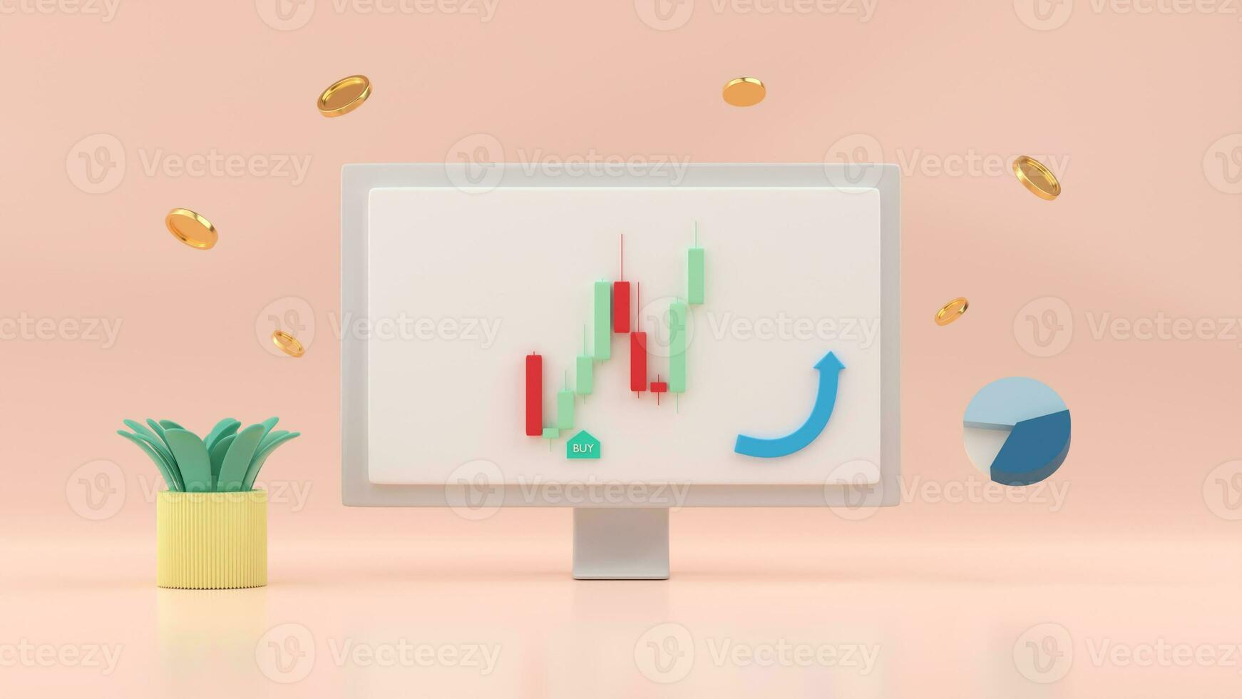 computer with charts and graph. Business financial,trade concept. 3D render photo