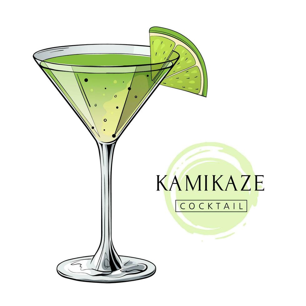 Kamikaze cocktail, hand drawn alcohol drink with lime slice. Vector illustration on white background