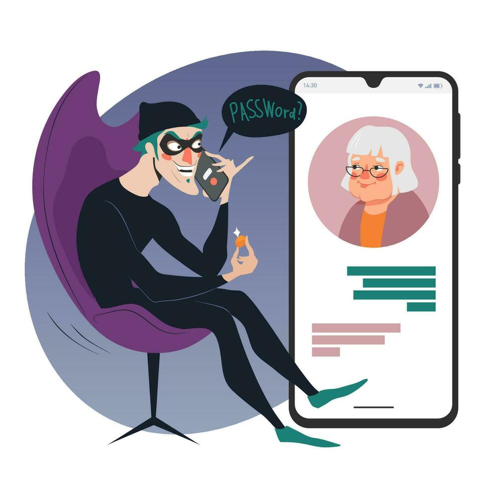 Phone scam crime concept illustration, online social media fraud. A scammer calls an eldery woman to steal personal data and passwords. Vector flat illustration isolated on white background