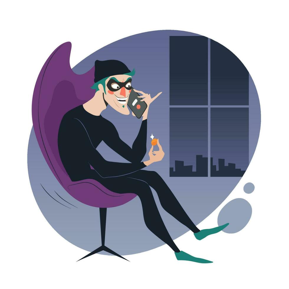 Phone scam crime concept illustration, online social media fraud. A scammer makes a call to steal personal data and passwords. Vector flat illustration isolated on white background