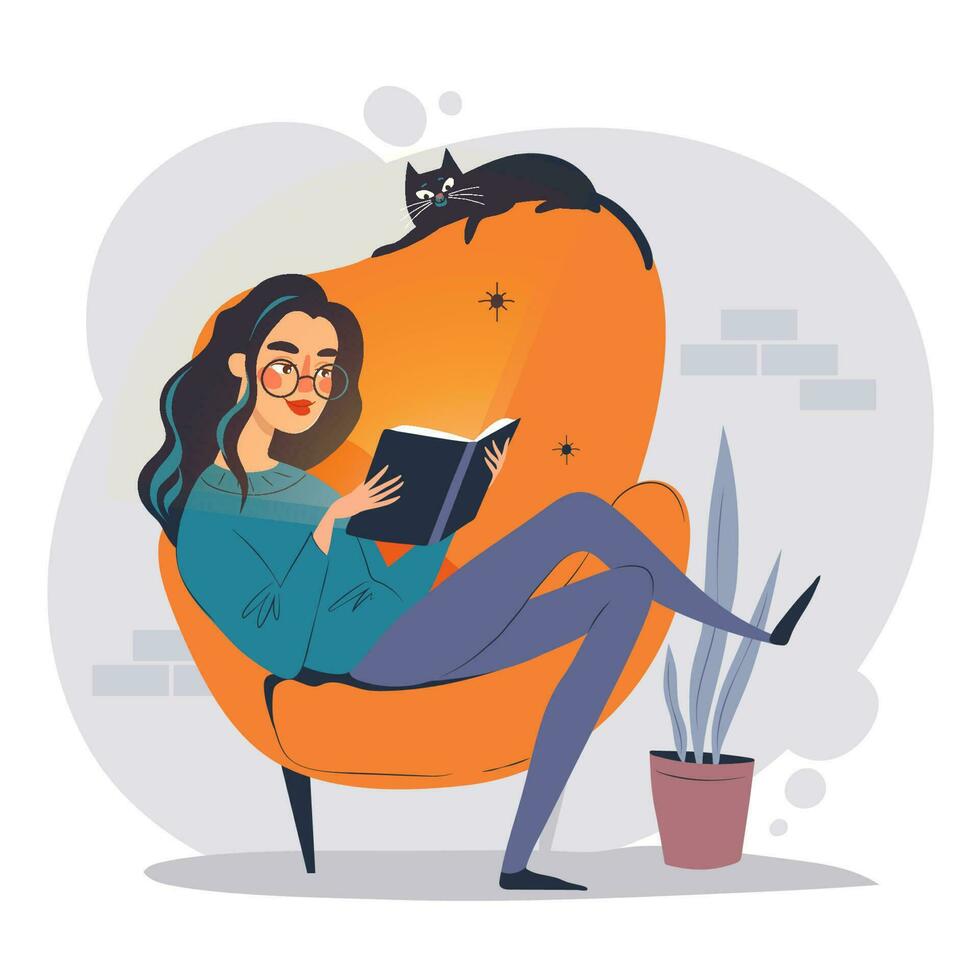 Young woman reading a book sitting in an armchair, vector illustration