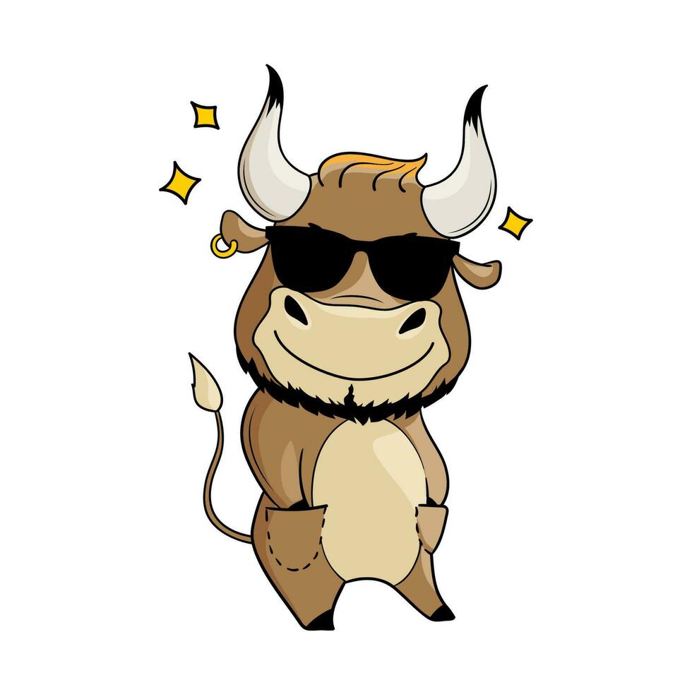 Cool cartoon bull in sunglasses, hands in pockets. Vector illustration